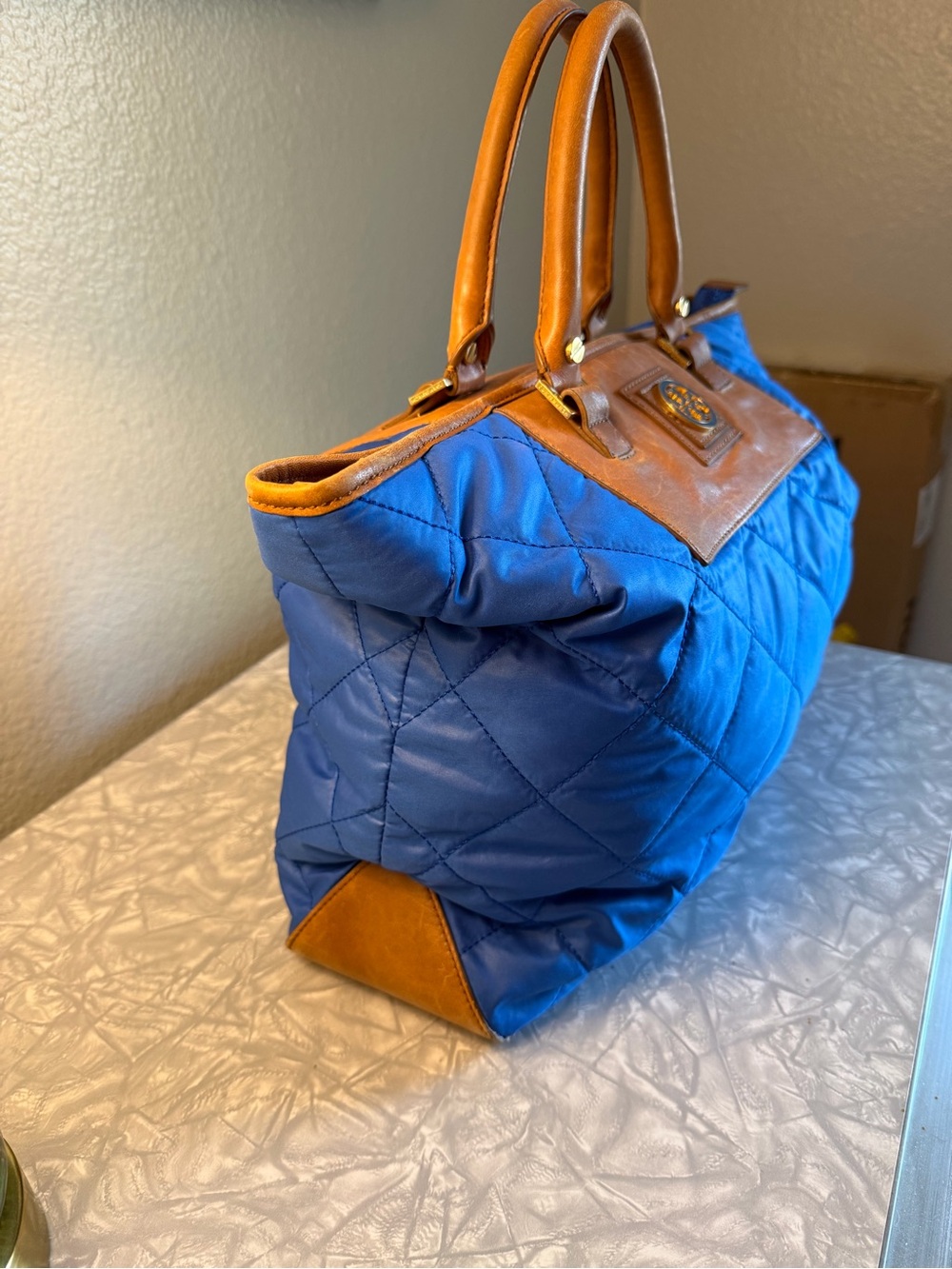 EUC Tory Burch Leather & Quilted Blue Tote. - Picture 3 of 12